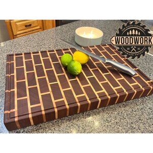 Handmade Mahogany & Maple Wooden Brick Pattern Cutting Board With Juice Groove